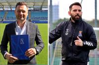 Prezes Paweł Tomczyk (na zdjęciu z lewej) miał zostać uderzony przez trenera Goncalo Feio metalową tacką. Prezes trafił do szpitalu z rozciętym łukiem brwiowym (fot. motorlublin.eu)
