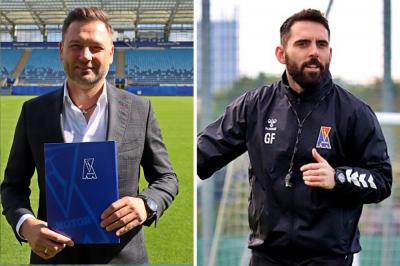 Prezes Paweł Tomczyk (na zdjęciu z lewej) miał zostać uderzony przez trenera Goncalo Feio metalową tacką. Prezes trafił do szpitalu z rozciętym łukiem brwiowym (fot. motorlublin.eu)