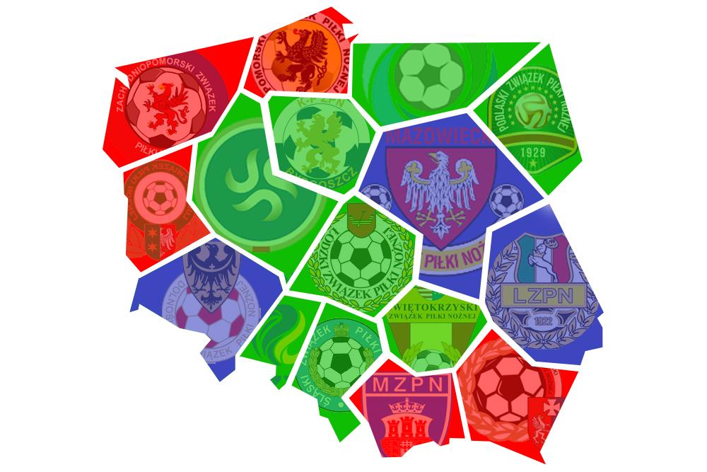 Tak wygląda podział naszego kraju w 4 lidze. Na zielono ligi, które grają, na czerwono te które nie grają. Na niebiesko te które po przełożeniach wróciły do gry i Mazowsze, które jeszcze nie zaczęło.