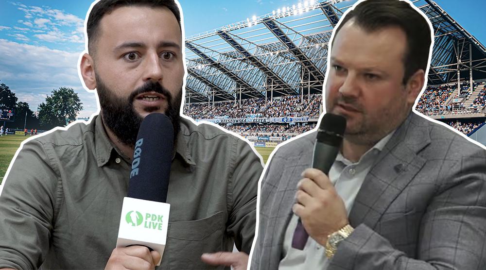 Na zdjęciu Mateusz Chmiel, komentator PDK LIVE (z lewej) oraz Rafał Kalisz, prezes Stali Rzeszów.