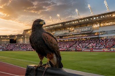 Wizualizacja drapieżnego ptaka na stadionie PCLA. Czy podobnie jak w Benfice może stać się elementem przedmeczowej tradycji Resovii? Grafika wygenerowana przy użyciu AI.